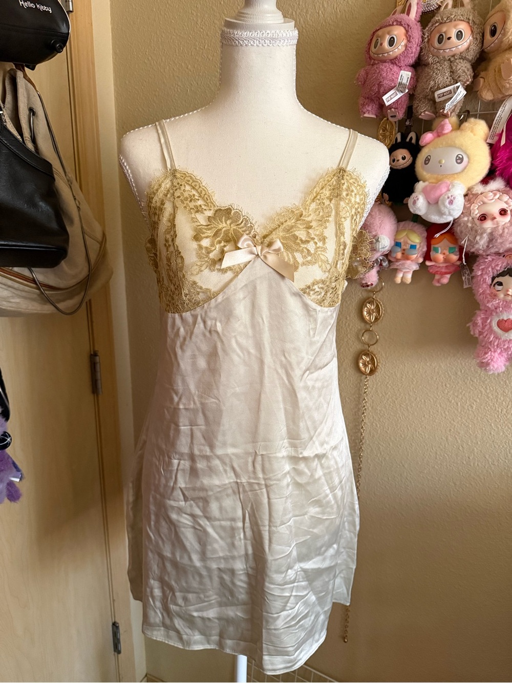 Lace-Trim Silk Chemise Slip in Champagne Gold